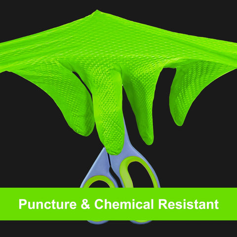 GLOVEWORKS HD green disposable heavy-duty glove with raised diamond grip, shown with scissors