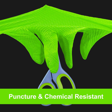 Heavy Duty Nitrile Gloves 8 Mil With Raised Diamond Grip Latex Free Green Shop Grade Disposable Gloves Extra Large Fit Mechanic Ready Pack Of 10 Boxes Of 100 showing puncture resistance with scissors.