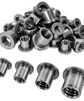 60 Piece T Shaped Weld On Nut Assortment With Four Popular Sizes Shop Grade Automotive Hardware For Chassis Fabrication And Frame Rebuilds, close-up view of assorted nuts.