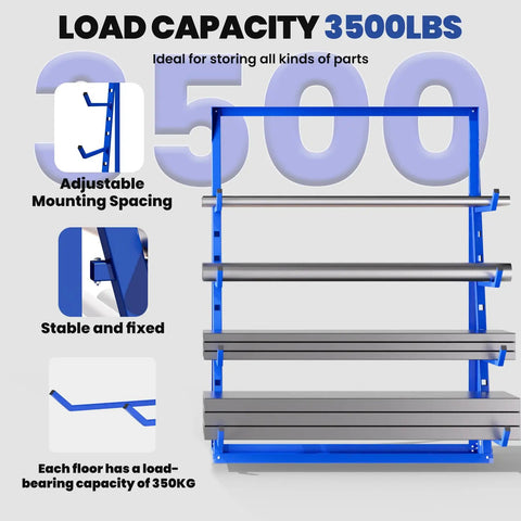 Built Like A Tank Four Tier Cantilever Lumber Storage Rack With Legit Heavy Duty Horizontal Arms And 3500 Pound Capacity, showing adjustable mounting and load capacity.