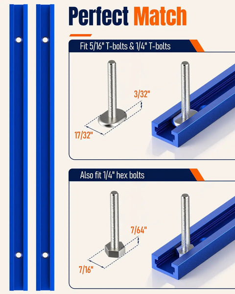 Two Pack 12 Inch Aluminum Pro Grade T Track For Woodworking Jigs And Fixtures With Double Cut Profile And Predrilled Mounting Holes And Screws Universal T Slot Rail For Drill Press And Router Tables showing bolt fittings.