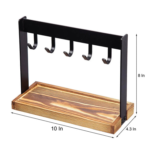 Solid Five Hook Table Key Holder With Torched Wood Base And Rustic Industrial Countertop Rack, 10x4.3x8 inches, ideal for organizing keys.