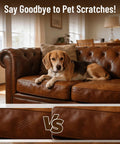 Black Leather Repair Kit for Furniture Sofas Jackets and Car Interiors that restores faux leather and vinyl fixes tears shown with dog on sofa.
