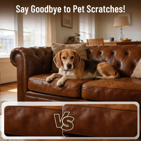 Black Leather Repair Kit for Furniture Sofas Jackets and Car Interiors that restores faux leather and vinyl fixes tears shown with dog on sofa.