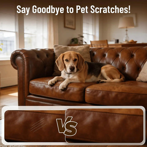 Dark Brown Leather Repair Kit For Furniture And Car Interiors Fixes Faux Leather And Vinyl Tears Scratches Holes Peeling No Sweat Do It Yourself Repair With All Tools shown on a restored couch.
