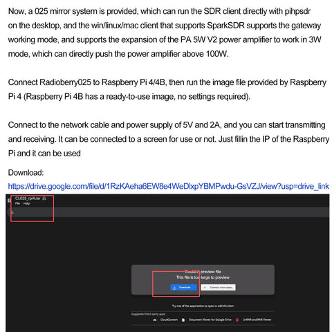 Radioberry HF SDR Transceiver Hat homepage with setup instructions on screen for Raspberry Pi 4 AD9866 broadband modem.