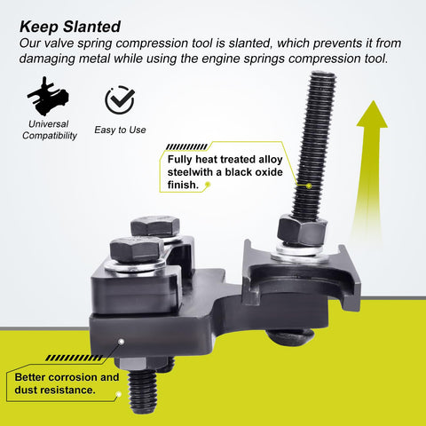 Upgraded Pro Grade Valve Spring Compressor Tool Kit showing angled steel part, bolt attachments, fits LS Engines.