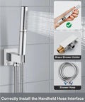 Ceiling Mount Shower System With Rain Showerhead And Handheld Spray High Pressure Chrome Finish 12 Inch Includes Rough In Valve And Trim Kit Rust Resistant SUS304 Stainless Steel With Silicone Nozzles For Easy Cleaning showing handheld spray and brass holder.