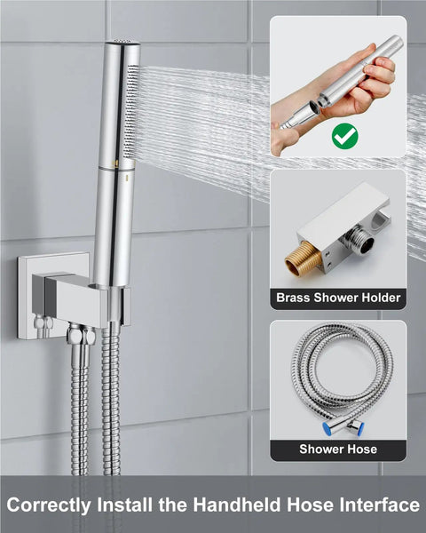 Ceiling Mount Shower System With Rain Showerhead And Handheld Spray High Pressure Chrome Finish 12 Inch Includes Rough In Valve And Trim Kit Rust Resistant SUS304 Stainless Steel With Silicone Nozzles For Easy Cleaning showing handheld spray and brass holder.