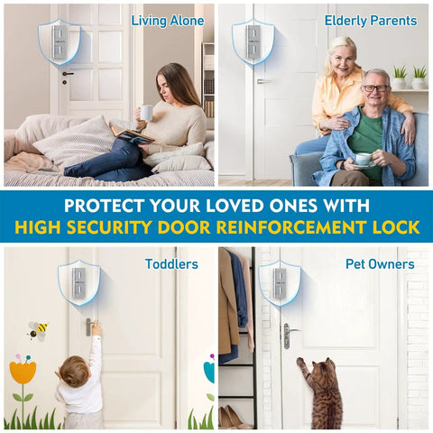 800 Lb Beefed Up Kick Proof Door Reinforcement Lock For Inward Swing Doors Easy DIY Install With 3 Inch Screws shown in various home settings