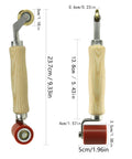 Side view of welding handheld roller with wooden handle, brass penny wheel on top and red silicone seam roller.
Front view of welding handheld roller with wooden handle and 40mm silicone seam roller.