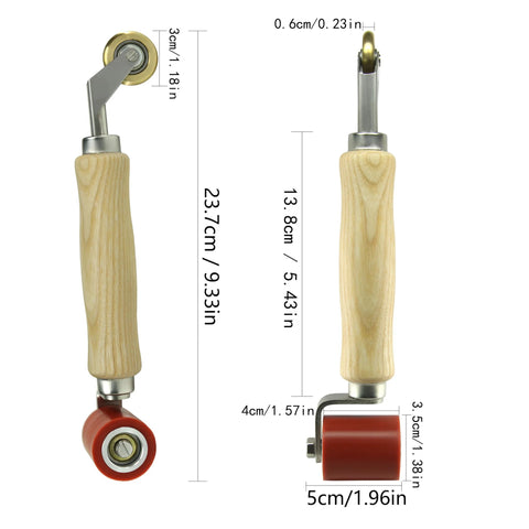 Side view of welding handheld roller with wooden handle, brass penny wheel on top and red silicone seam roller.
Front view of welding handheld roller with wooden handle and 40mm silicone seam roller.