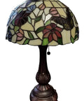 Tiffany Style Table Lamp With Stained Glass Shade Red Green White Floral Butterfly Design Antique Vintage Bedside Glow 19 Inch Tall