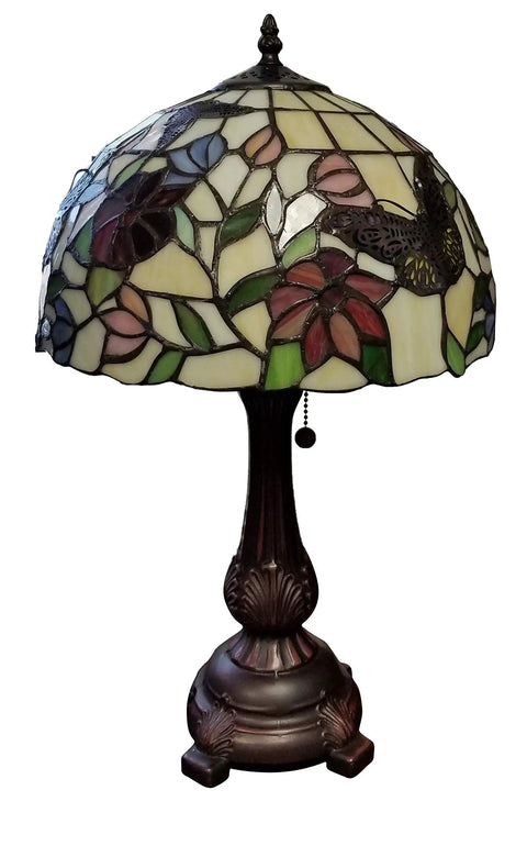 Tiffany Style Table Lamp With Stained Glass Shade Red Green White Floral Butterfly Design Antique Vintage Bedside Glow 19 Inch Tall