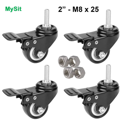 Set Of 4 Stem Casters M8x25 With Double Locking Brake, 2 Inch Heavy Duty PU Rubber Swivel Caster Wheels For Shopping Trolleys