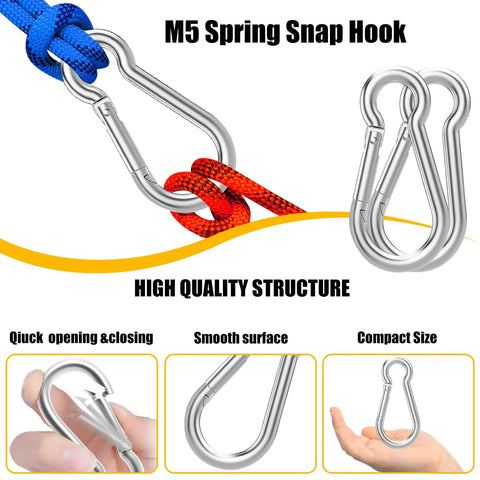 Heavy Duty Galvanized Steel Carabiner Set With Spring Snap Hooks Two Inch Quick Link Clips shown on ropes and in hand