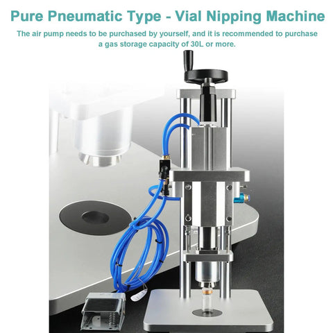 Heavy Duty Pneumatic Vial Crimper Machine For Aluminum Plastic Bottles Semi Automatic Sealer With Adjustable Foot Switch shown with air pump and hoses.
