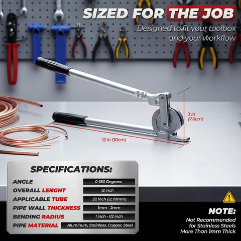 Top Rated Flexzion 1/2 Inch Outer Diameter Tubing Bender Tool For Precise Copper Pipe Bending With Easy To Read Angle Markers shown on a workbench.