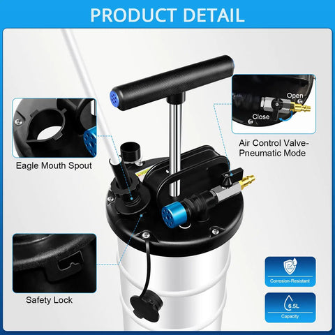 6.5L Pneumatic And Manual Oil Extractor Pump Kit With Vacuum Change Evacuator, extension tubes, and brake bleed hose details