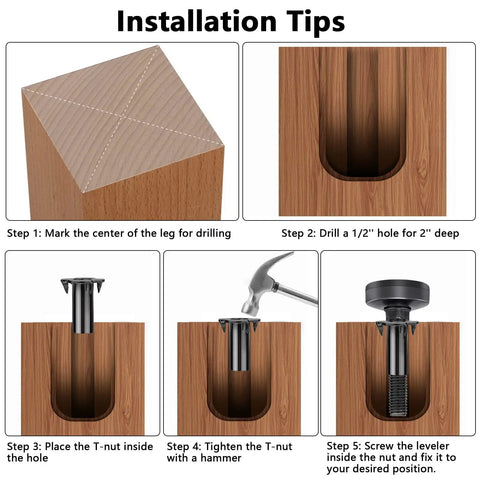 Installation steps for Heavy Duty Furniture Levelers With M10 Thread Adjustable Feet And T Nut Kit showing drilling and mounting process.