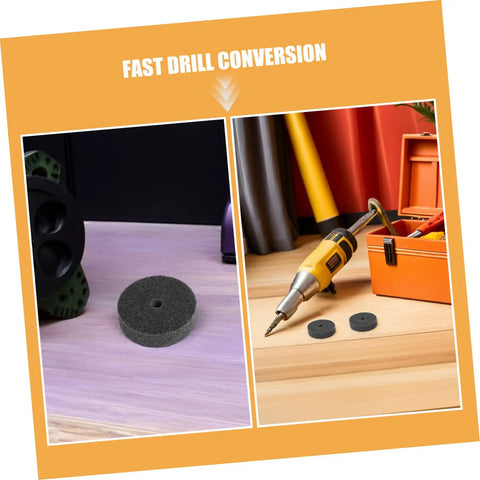 6pcs Nylon Buffing Wheels 75mm With 10mm Hole For Metal Polish And Car Burnishing Discs displayed with drill conversion for easy use.