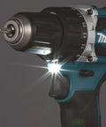 Close-up of Top Shelf 18V Lithium Ion Brushless Drill Driver With Electric Brake LED work light and adjustable torque settings.