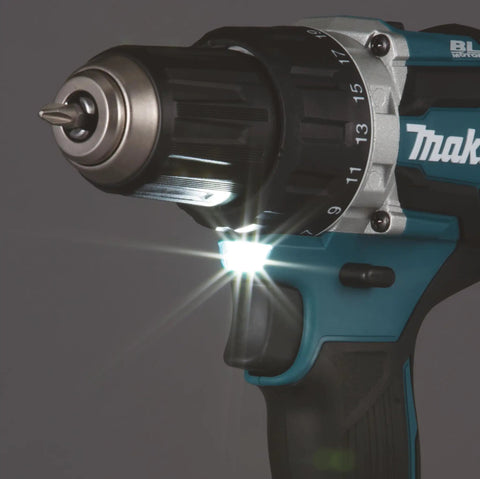 Close-up of Top Shelf 18V Lithium Ion Brushless Drill Driver With Electric Brake LED work light and adjustable torque settings.