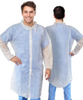 Two adults wearing 10 Pack White Disposable Lab Coats For Adults 3X Large With Elastic Wrists And Loop Closures, front and back view.