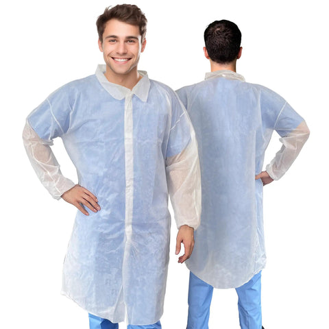 Two adults wearing 10 Pack White Disposable Lab Coats For Adults 3X Large With Elastic Wrists And Loop Closures, front and back view.