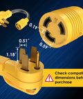 Pro Grade 240V Level 2 Charging Adapter With 14-50P Male To L6-30R Female Connector showing dimensions and connectors.