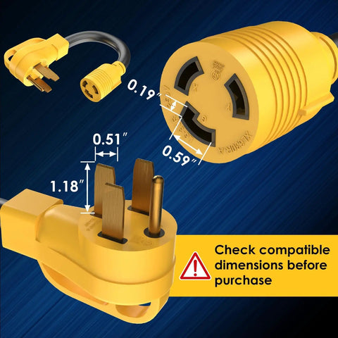 Pro Grade 240V Level 2 Charging Adapter With 14-50P Male To L6-30R Female Connector showing dimensions and connectors.