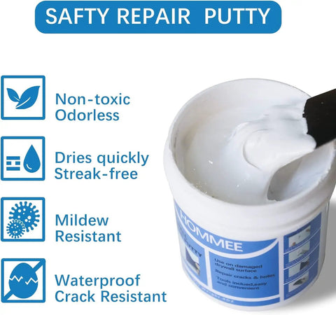 All-In-One Wall Hole Patch Kit With 9.8 Oz Repair Putty demonstrating streak-free application in open container.