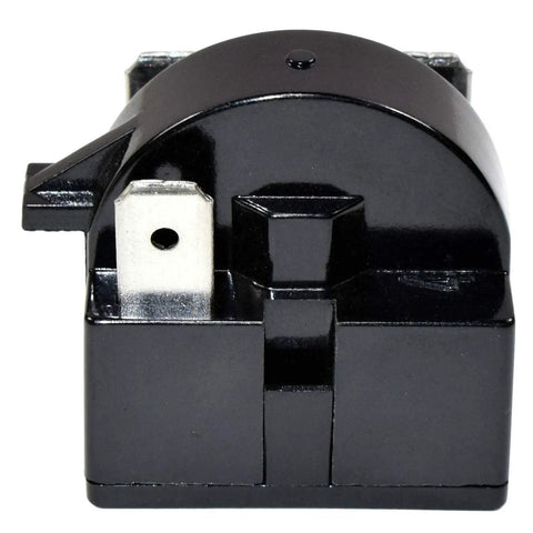 Close-up of a black 4.7 Ohm 3-pin PTC relay from the Must Have 4.7 Ohm PTC Start Relay Kit For Mini Fridges And Beer And Wine Coolers.