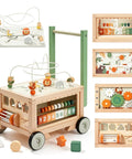 Rock Solid Wooden Baby Walker With Interactive Activity Cube Built Tough For Toddler First Steps featuring colorful game panels and wheels.