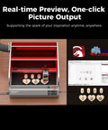 Falcon2 Pro 40W Laser Engraver Desktop Diode with integrated enclosure and camera engraving wooden pieces at 600 mm/s