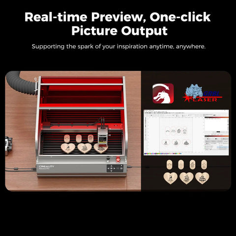 Falcon2 Pro 40W Laser Engraver Desktop Diode with integrated enclosure and camera engraving wooden pieces at 600 mm/s