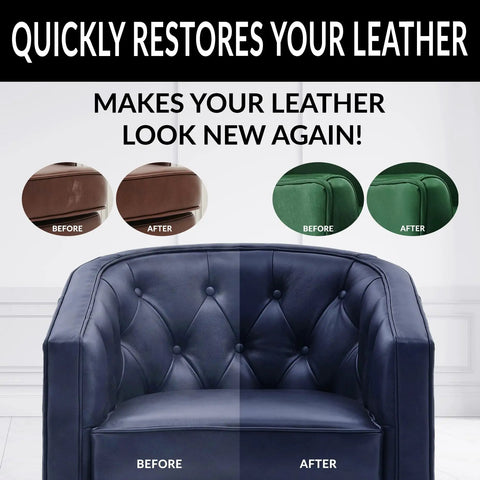Before and after comparison of Leather Repair Color Restorer Dark Navy Blue For Couches Car Seats Furniture And Sofas 4 Oz Quick Easy And Effective Recolor Restores Faded Scratched Cracked Leather And Vinyl on a blue chair.