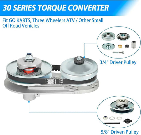 Beefed Up 30 Series Torque Converter Kit For Predator 212cc, showing components, 3/4 inch driver, and 5/8 inch driven pulleys