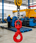 Heavy Duty Rock Solid G80 Alloy Steel Swivel Self Locking Hook 3/8 Inch 2470 Lbs in red color hanging from a chain in a workshop.