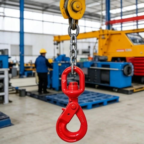 Heavy Duty Rock Solid G80 Alloy Steel Swivel Self Locking Hook 3/8 Inch 2470 Lbs in red color hanging from a chain in a workshop.