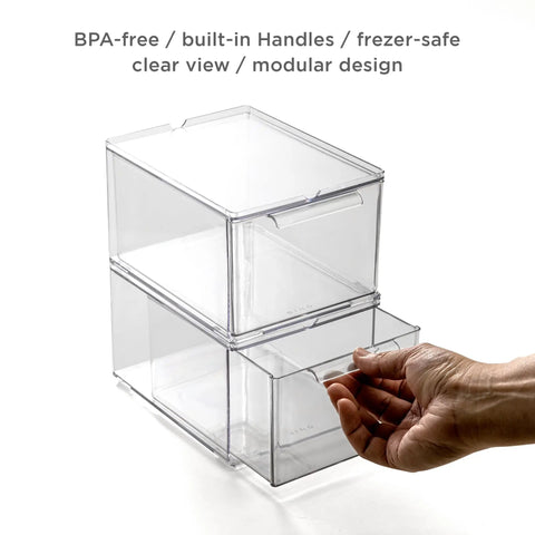 Clear Stackable Storage Drawers Medium Two Pack With Built In Handles Durable Plastic Organizer For Kitchen Bathroom And Office Modular Acrylic Drawer System with hand pulling drawer open