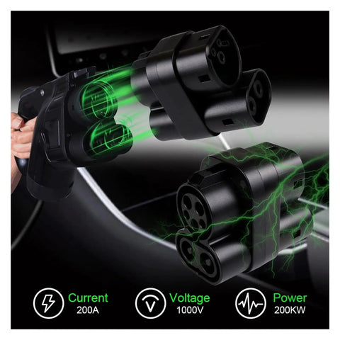 CCS1 To CCS2 EV DC Fast Charging Adapter 200A 1000V Electric Vehicle Converter Dongle in hand during charging.