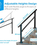 Diagram showing adjustable heights of 2 Pack Adjustable Outdoor Handrails For 3 To 4 Step Stairs Black Indoor Outdoor Stair Railing Kit.