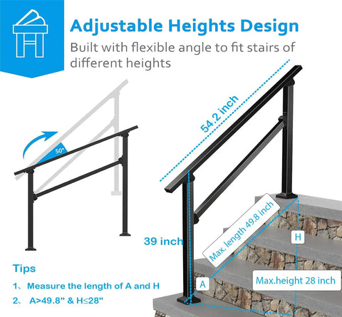 Diagram showing adjustable heights of 2 Pack Adjustable Outdoor Handrails For 3 To 4 Step Stairs Black Indoor Outdoor Stair Railing Kit.