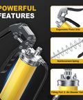 Fantictas grease gun kit with yellow body, ergonomic pistol grip, reinforced spring, filling port/air bleeder valve.