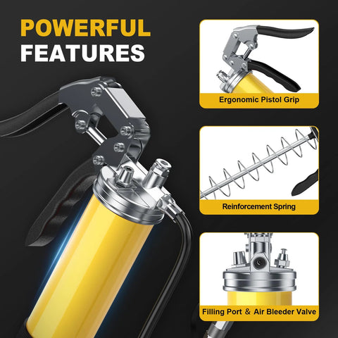 Fantictas grease gun kit with yellow body, ergonomic pistol grip, reinforced spring, filling port/air bleeder valve.