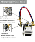 Shop Ready Heavy Duty Dual Track Gas Flame Cutter With Two Six Foot Guide Rails And Solid Grip For Easy 45 Degree Bevel And Straight Metal Cutting Sessions At 110 Volts, showing shifting unit and cutting head details.