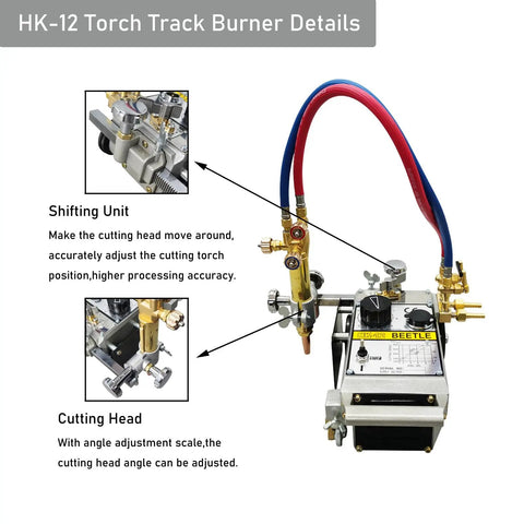 Shop Ready Heavy Duty Dual Track Gas Flame Cutter With Two Six Foot Guide Rails And Solid Grip For Easy 45 Degree Bevel And Straight Metal Cutting Sessions At 110 Volts, showing shifting unit and cutting head details.