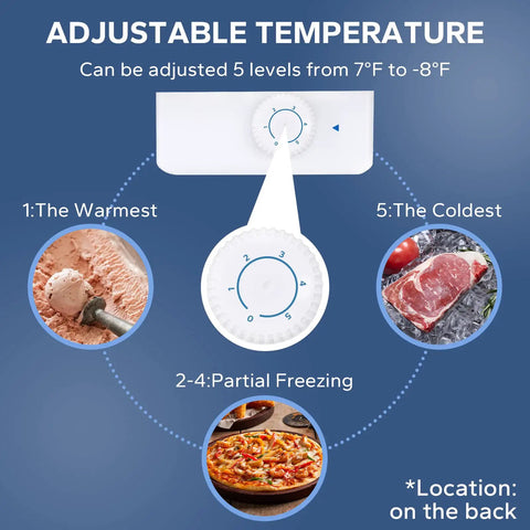 Adjustable temperature control dial for 1.1 Cu Ft Upright Mini Freezer In Matte Black For Dorms And Small Bedrooms.