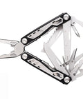 Open Do It All Folding Multitool Pliers With Safety Lock Stainless Steel EDC Tool For Camping And Home Repair showing tools